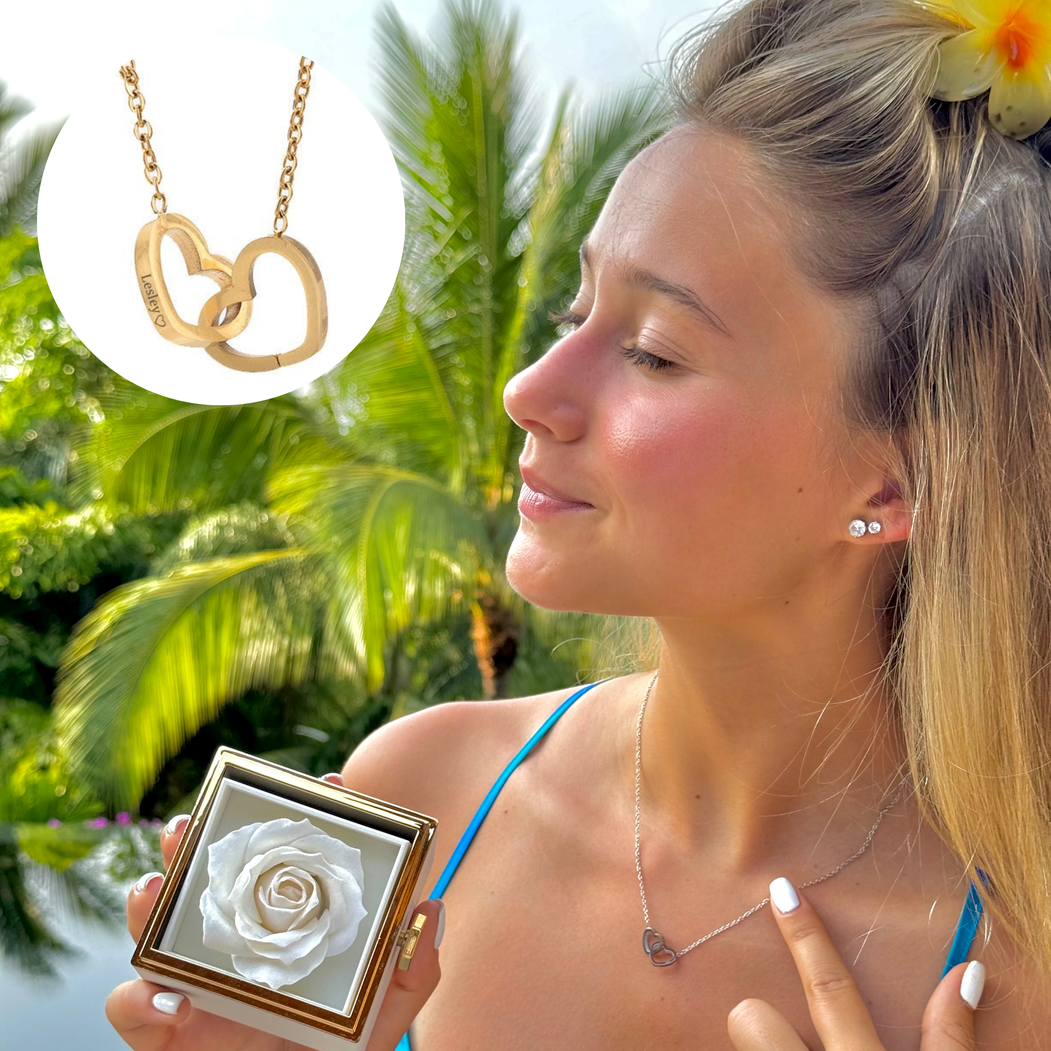 שרשרת לבבות עם חריטה זוגית וקופסאת וורד